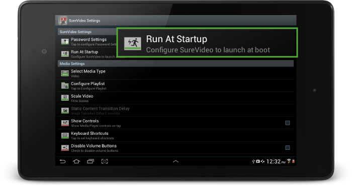 SureVideo Settings Main Menu