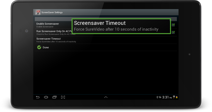 SureVideo Settings Screensaver Settings Timeout