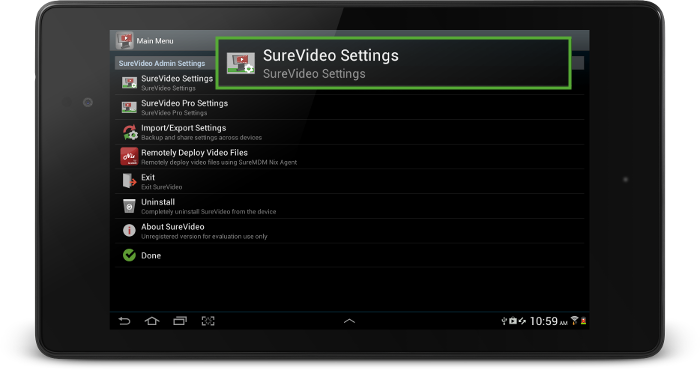 SureVideo Settings Main Menu